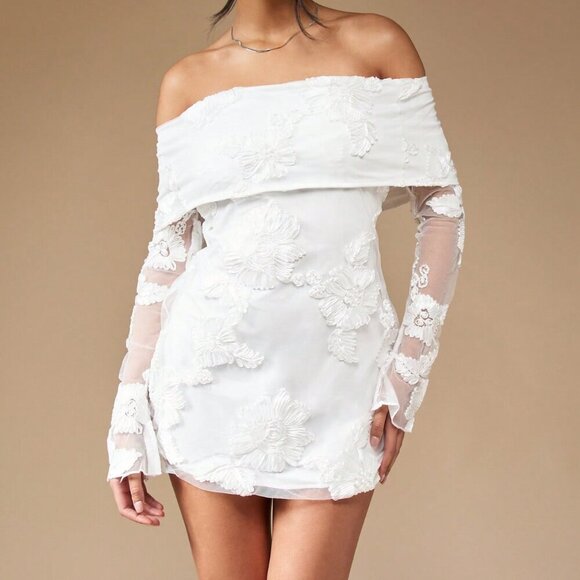 White Elegant Womens Embroidered Off Shoulder Long Sleeve Mini Bardot Dress - Picture 3 of 7